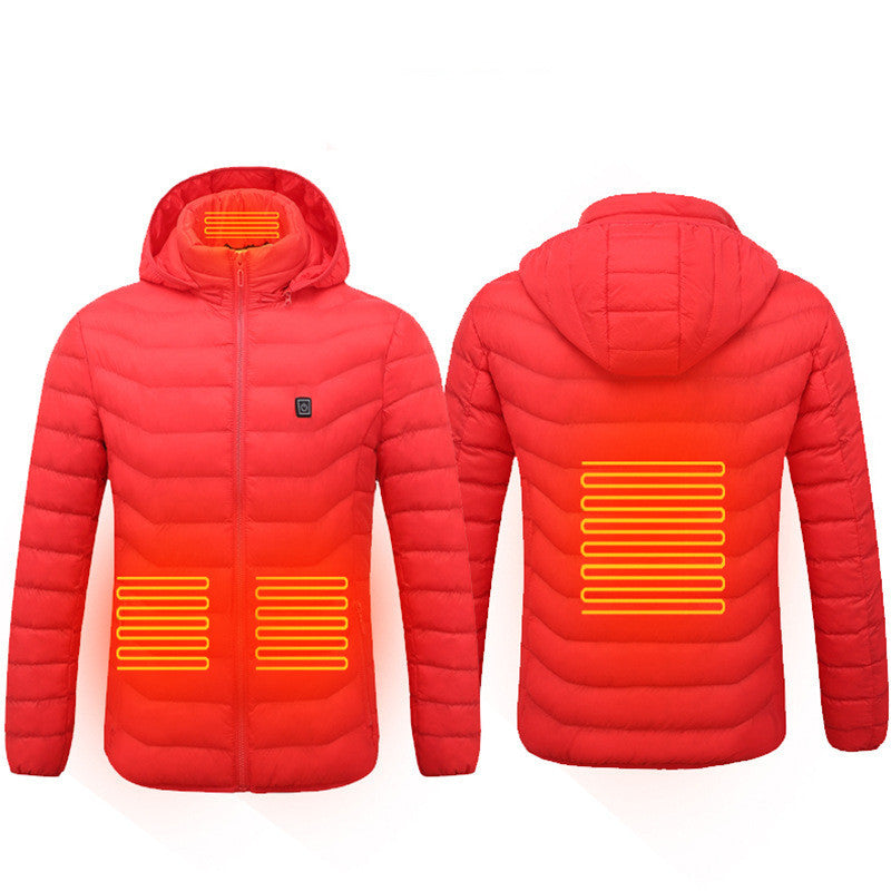Men's USB heated jacket with removable hood, carbon fiber heating elements, and adjustable temperature control for ultimate warmth. Lightweight and windproof design, perfect for outdoor activities and cold weather. Features a detachable hood and convenient storage bag for easy travel