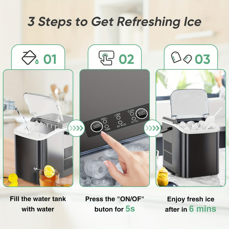 Lightweight and portable ice maker featuring a carry handle, designed for easy transport to pool parties and road trips.
