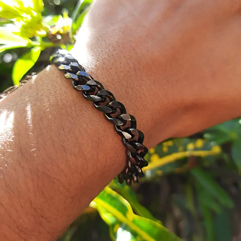 Description: Close-up view of sophisticated mens bracelet highlighting unique bead arrangement and quality