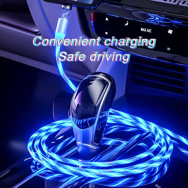 Magnetic charging cable streamer with LED lights, designed for Android and Type-C devices. Features magnetic absorption cable for easy connection and quick charging, with durable nylon braided material and vibrant color options like blue, red, and green