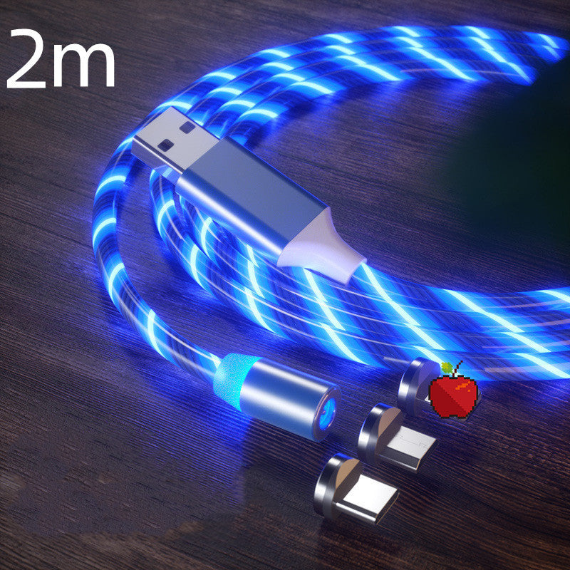 Magnetic charging cable streamer with LED lights, designed for Android and Type-C devices. Features magnetic absorption cable for easy connection and quick charging, with durable nylon braided material and vibrant color options like blue, red, and green