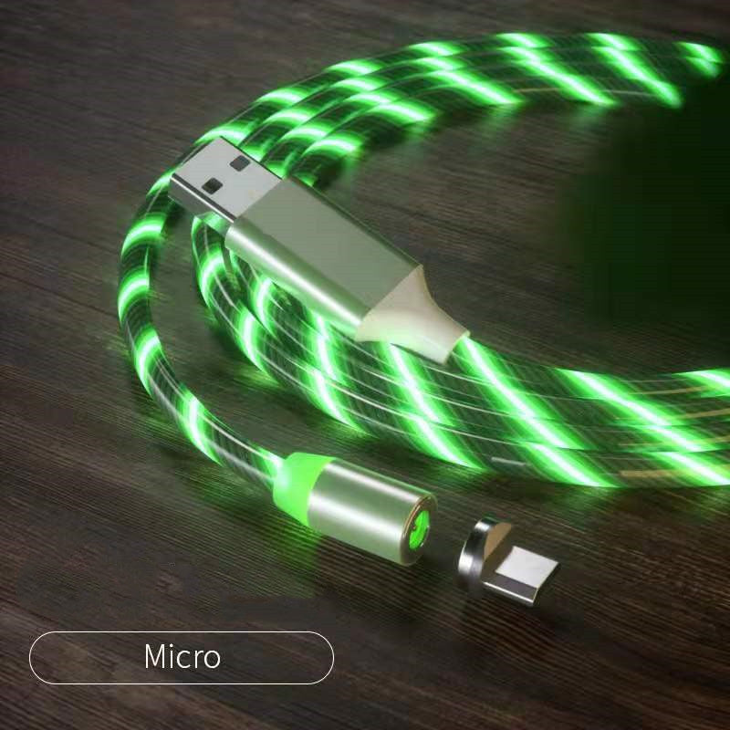 Magnetic charging cable streamer with LED lights, designed for Android and Type-C devices. Features magnetic absorption cable for easy connection and quick charging, with durable nylon braided material and vibrant color options like blue, red, and green