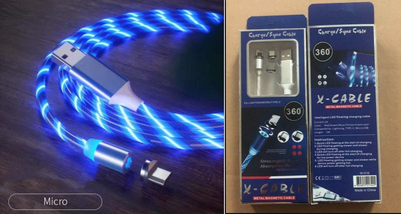 Magnetic charging cable streamer with LED lights, designed for Android and Type-C devices. Features magnetic absorption cable for easy connection and quick charging, with durable nylon braided material and vibrant color options like blue, red, and green