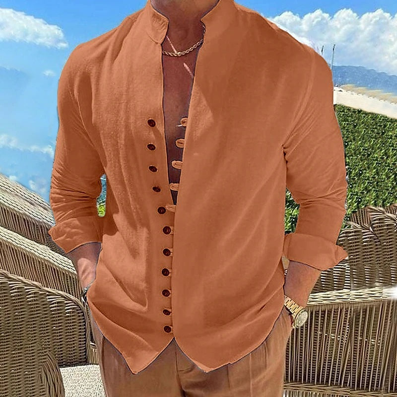 A men’s linen long sleeve shirt designed for comfort and style, crafted from natural, eco-friendly cotton and linen fabric.