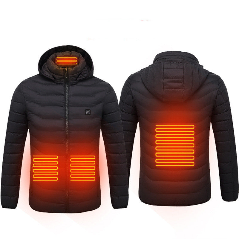 Men's USB heated jacket with removable hood, carbon fiber heating elements, and adjustable temperature control for ultimate warmth. Lightweight and windproof design, perfect for outdoor activities and cold weather. Features a detachable hood and convenient storage bag for easy travel