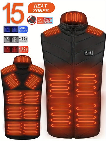 Men's 15-Zone USB Heated Vest with washable, rechargeable electric warming technology for winter warmth and outdoor activities.