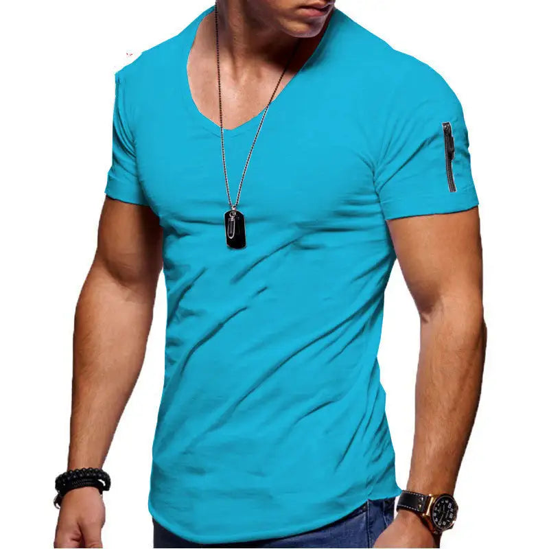  Close-up view of the lightweight fabric and clean stitching on the Men's V-Neck Casual T-Shirt.