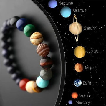 A handcrafted bracelet featuring natural stones representing the eight planets, perfect for space enthusiasts.