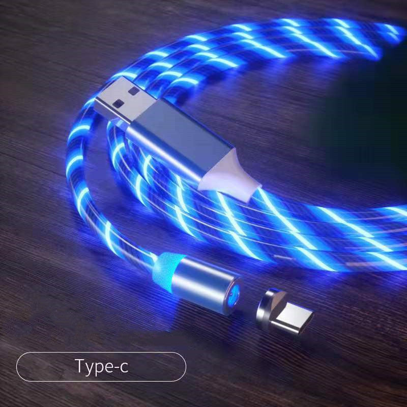 Magnetic charging cable streamer with LED lights, designed for Android and Type-C devices. Features magnetic absorption cable for easy connection and quick charging, with durable nylon braided material and vibrant color options like blue, red, and green
