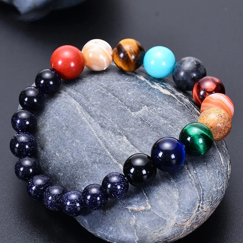 A stylish, handmade natural stone bracelet that aligns with bohemian jewelry trends and space-inspired themes