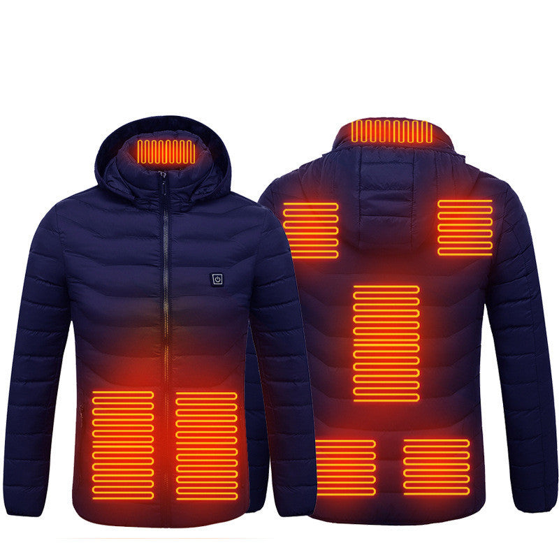 Men's USB heated jacket with removable hood, carbon fiber heating elements, and adjustable temperature control for ultimate warmth. Lightweight and windproof design, perfect for outdoor activities and cold weather. Features a detachable hood and convenient storage bag for easy travel
