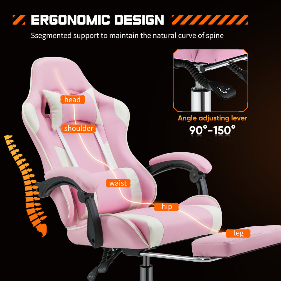 Adjustable ergonomic gaming chair with footrest, stainless steel frame, and plush leather upholstery.
