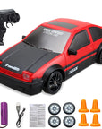 "High-speed RC drift car with sleek design, performing a sharp drift on a smooth track