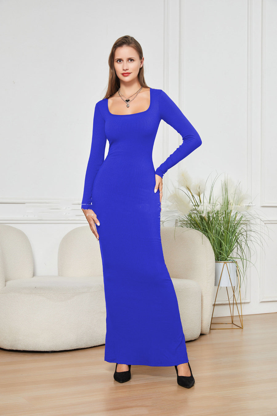 Two-in-one long sleeve narrow dress with double-layer belly lining, providing waist support, shaping, and hip lifting for a flattering fit.