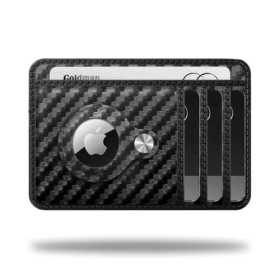 A premium carbon fiber wallet showcasing a slim, durable design with an integrated AirTag slot for modern tracking and everyday carry convenience