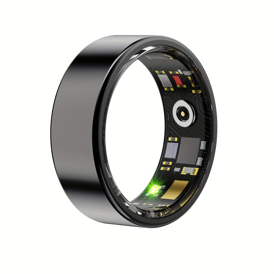 Smart ring fitness tracker with sleek design, IP68 waterproof rating, and wireless connectivity. Tracks steps, calories, distance, sleep, and more, compatible with iPhone and Android devices