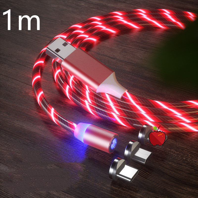 Magnetic charging cable streamer with LED lights, designed for Android and Type-C devices. Features magnetic absorption cable for easy connection and quick charging, with durable nylon braided material and vibrant color options like blue, red, and green