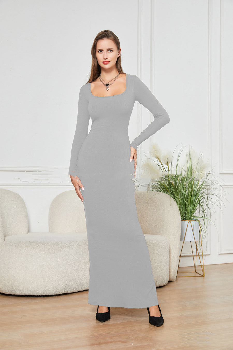 Two-in-one long sleeve narrow dress with double-layer belly lining, providing waist support, shaping, and hip lifting for a flattering fit.