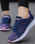 Women's athletic shoes featuring a breathable mesh upper, low wedge heel (1-3CM), EVA sole, and vulcanized construction, designed for comfort and durability in tennis, running, and everyday athletic activities.