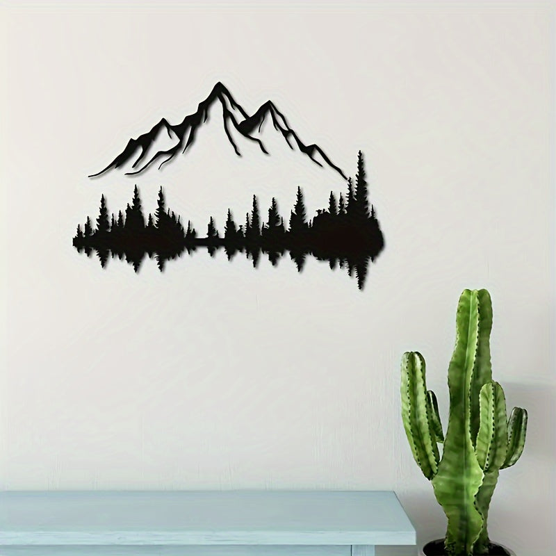 Two pieces of large mountain and forest metal wall art in a sleek black design, perfect for adding a nature-inspired touch to living rooms, bedrooms, or outdoor spaces
