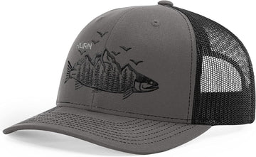 A breathable MeshBackCap Trucker Hat with a detailed trout embroidery, perfect for FishingAddicts and outdoor enthusiasts