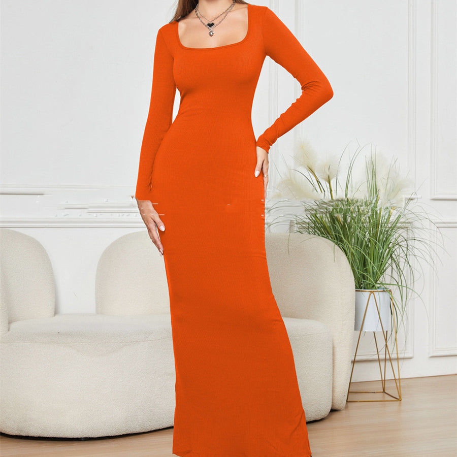 Two-in-one long sleeve narrow dress with double-layer belly lining, providing waist support, shaping, and hip lifting for a flattering fit.