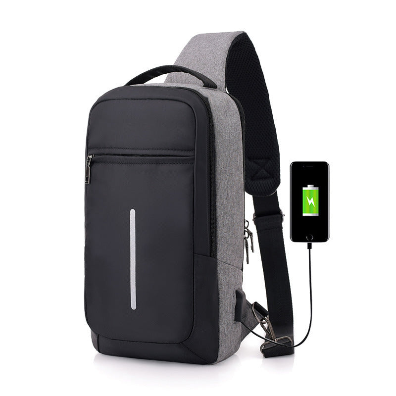 Anti-theft crossbody sling bag made from durable polyester, featuring a USB charging port, computer pocket, and soft surface. Ideal for secure storage and on-the-go charging, with a stylish, casual design and car suture detail.