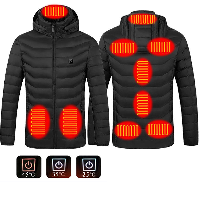 Men's USB heated jacket with removable hood, carbon fiber heating elements, and adjustable temperature control for ultimate warmth. Lightweight and windproof design, perfect for outdoor activities and cold weather. Features a detachable hood and convenient storage bag for easy travel