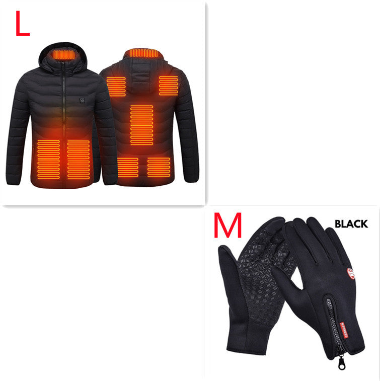 Men's USB heated jacket with removable hood, carbon fiber heating elements, and adjustable temperature control for ultimate warmth. Lightweight and windproof design, perfect for outdoor activities and cold weather. Features a detachable hood and convenient storage bag for easy travel