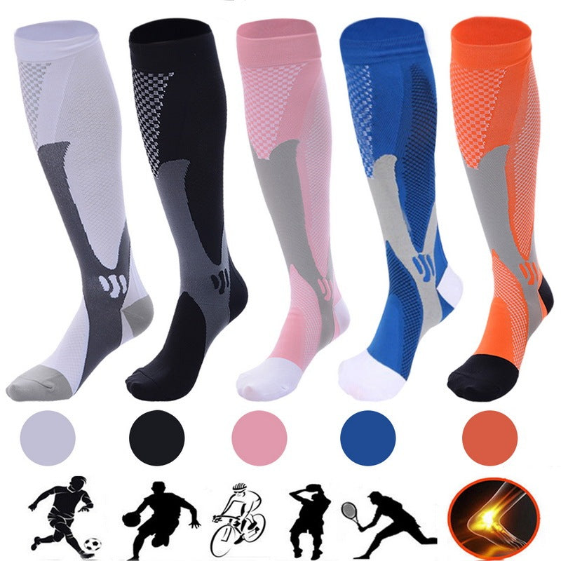 Unisex compression socks made from polyester, nylon, and cotton, designed for improved circulation, reduced swelling, and all-day comfort. Available in multiple sizes for men and women