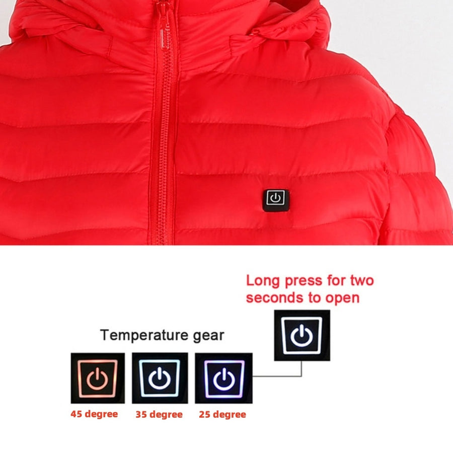Men's USB heated jacket with removable hood, carbon fiber heating elements, and adjustable temperature control for ultimate warmth. Lightweight and windproof design, perfect for outdoor activities and cold weather. Features a detachable hood and convenient storage bag for easy travel