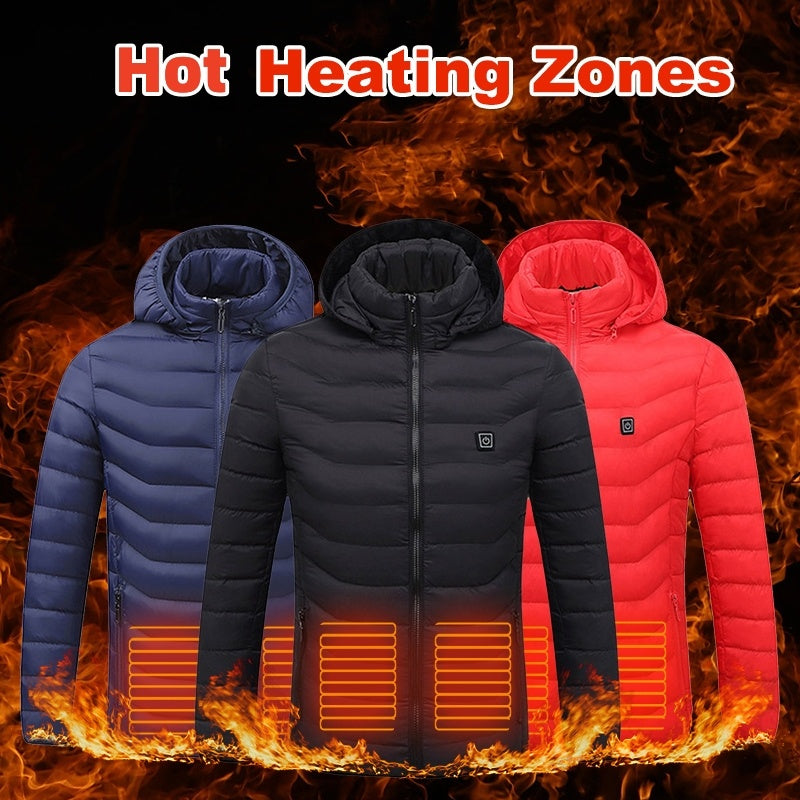 Men's USB heated jacket with removable hood, carbon fiber heating elements, and adjustable temperature control for ultimate warmth. Lightweight and windproof design, perfect for outdoor activities and cold weather. Features a detachable hood and convenient storage bag for easy travel