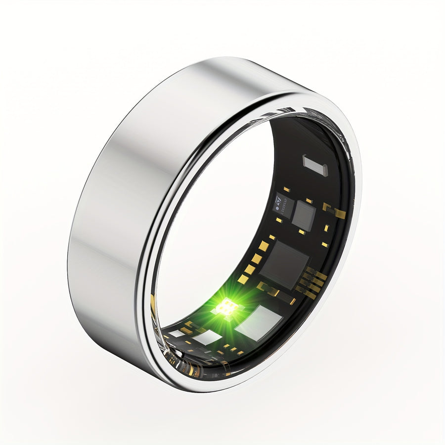 Smart ring fitness tracker with sleek design, IP68 waterproof rating, and wireless connectivity. Tracks steps, calories, distance, sleep, and more, compatible with iPhone and Android devices