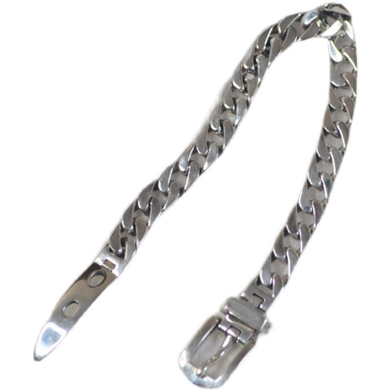 Elegant sterling silver belt bracelet with geometric design and platinum plating, featuring a unique belt buckle style.