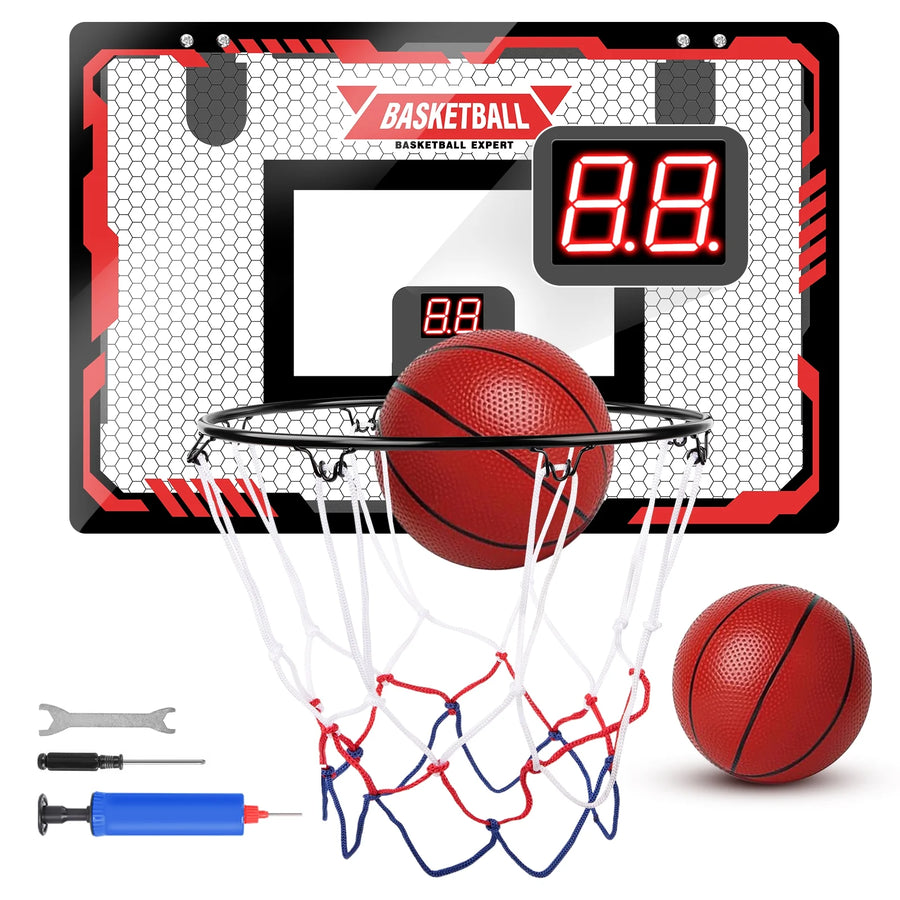 Basketball Hoop Indoor, LED Light Mini Basketball Hoops with 2 Balls & Electronic Scoreboard, over the Door Basketball Hoop