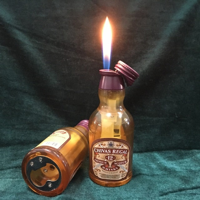 Whiskey bottle lighter Novelty lighter shaped like a whiskey bottle Refillable butane lighter in the form of a whiskey bottle Unique whiskey-themed lighter for enthusiasts Collectible lighter resembling a miniature whiskey bottle Whiskey bottle-shaped refillable lighter Novelty flame lighter in the design of a whiskey bottle Fun and functional whiskey bottle butane lighter Pocket-sized whiskey bottle lighter for on-the-go use Cool gift idea for whiskey lovers: the whiskey bottle lighter