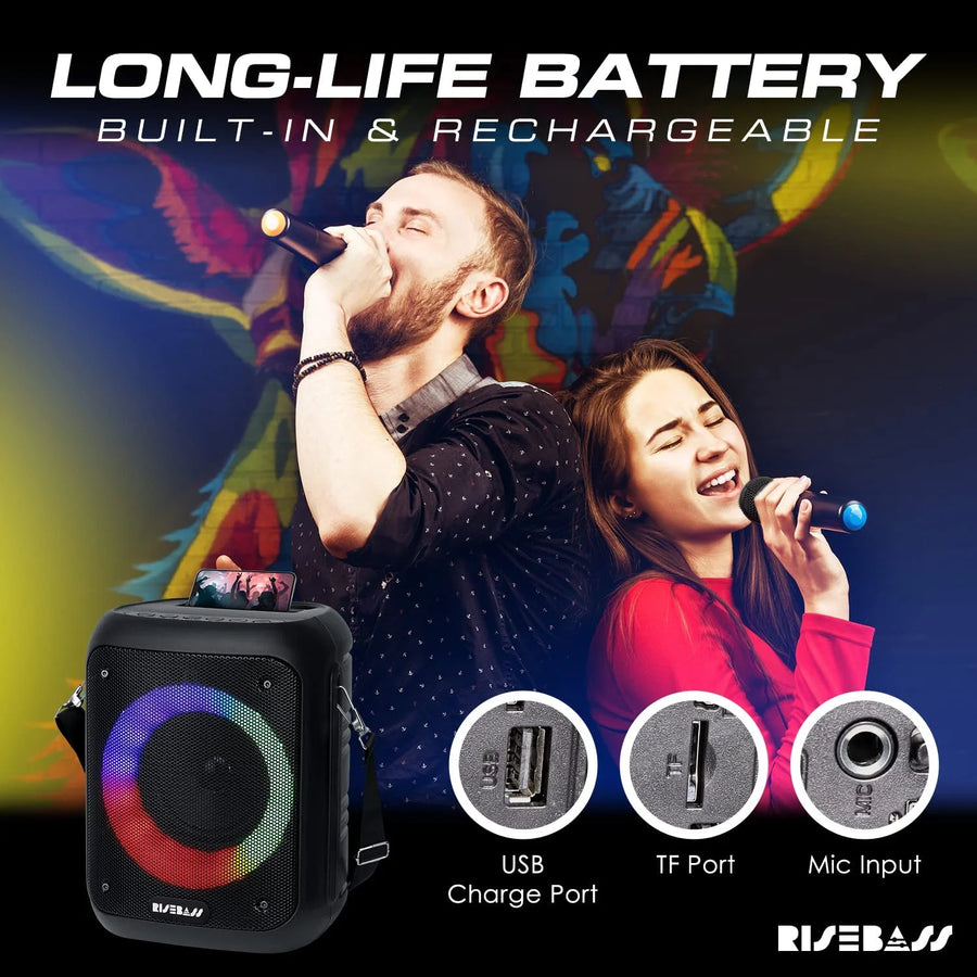 Portable Karaoke Machine with 2 Wireless Microphones - Bluetooth Rechargeable Speaker