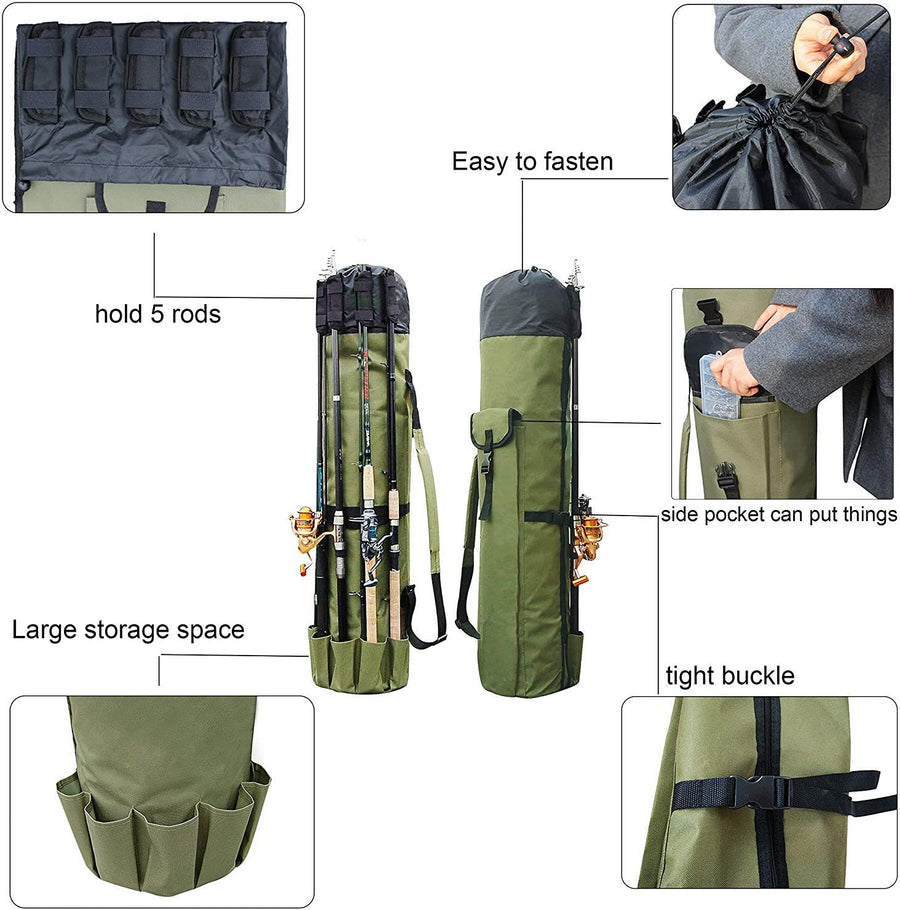 Fishing Pole Bag with Rod Holder Fishing Rod Bag Carrier Case 5 Poles Waterproof Travel Case Fishing Tackle Box