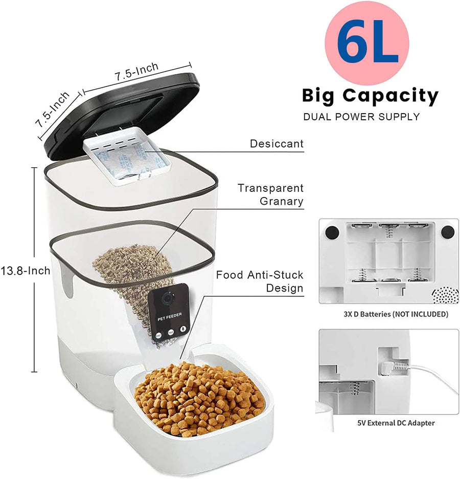 Pet Feeder,6L Automatic Pet Feeder for Cats and Dogs,1080P Camera, Voice with App Control