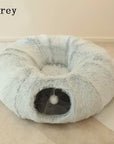 Round tunnel cat bed Dual-purpose cat furniture Cat bed with attached tunnel Cozy hideaway for cats Interactive cat sleeping space Plush round bed for cats Tunnel bed for feline fun Comfy cat nap spot Cat tunnel bed combo Multi-functional cat sleeping accessory