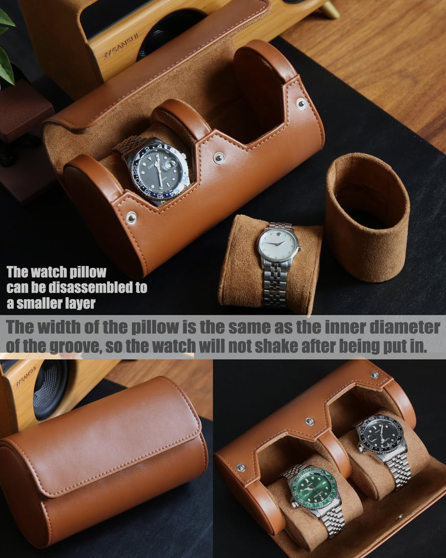 Watch Roll Travel Case for Men and Women with Suede Lining Portable 2 Slot Watch Display Storage and Organizer to Holder Large Watch(2 Slot Light Brown)