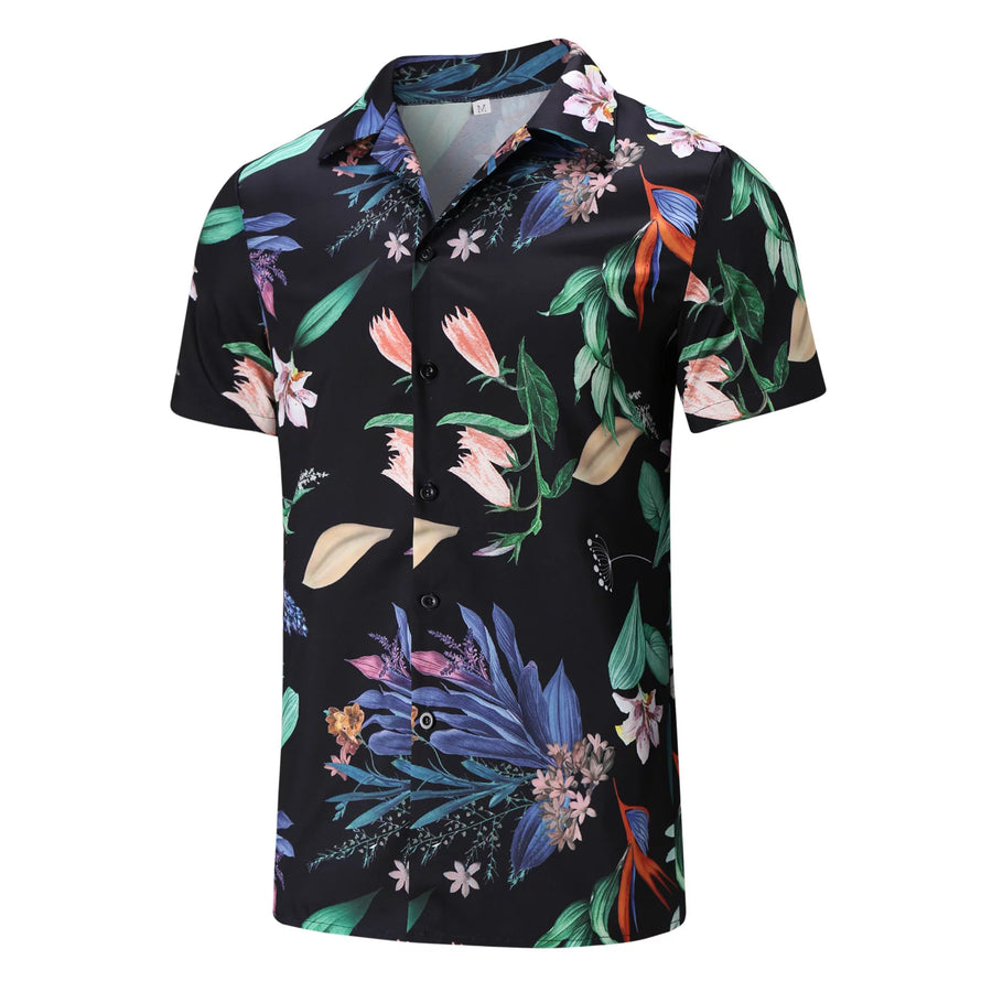 Men's Casual Sport Sets Regular Fit Tropical Print Button down Short Sleeve Cuban Collar Top Blouse and Shorts Fashion Summer Breathable Two Piece Suits Black XXL