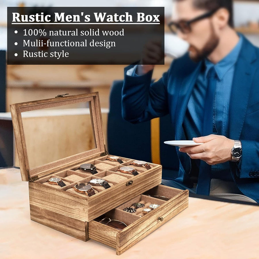 Watch Box - 10 Slot Watch Case for Men Women, Wooden Watch Holder Organizer Display for Mens