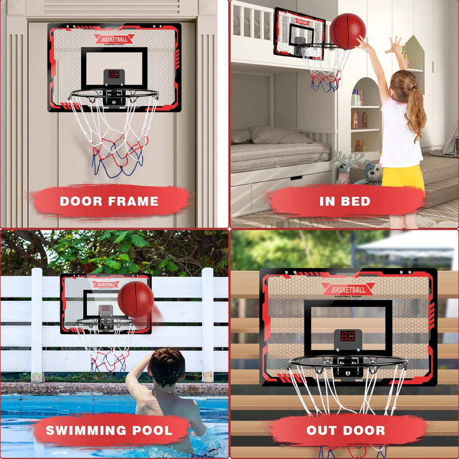 Basketball Hoop Indoor, LED Light Mini Basketball Hoops with 2 Balls & Electronic Scoreboard, over the Door Basketball Hoop