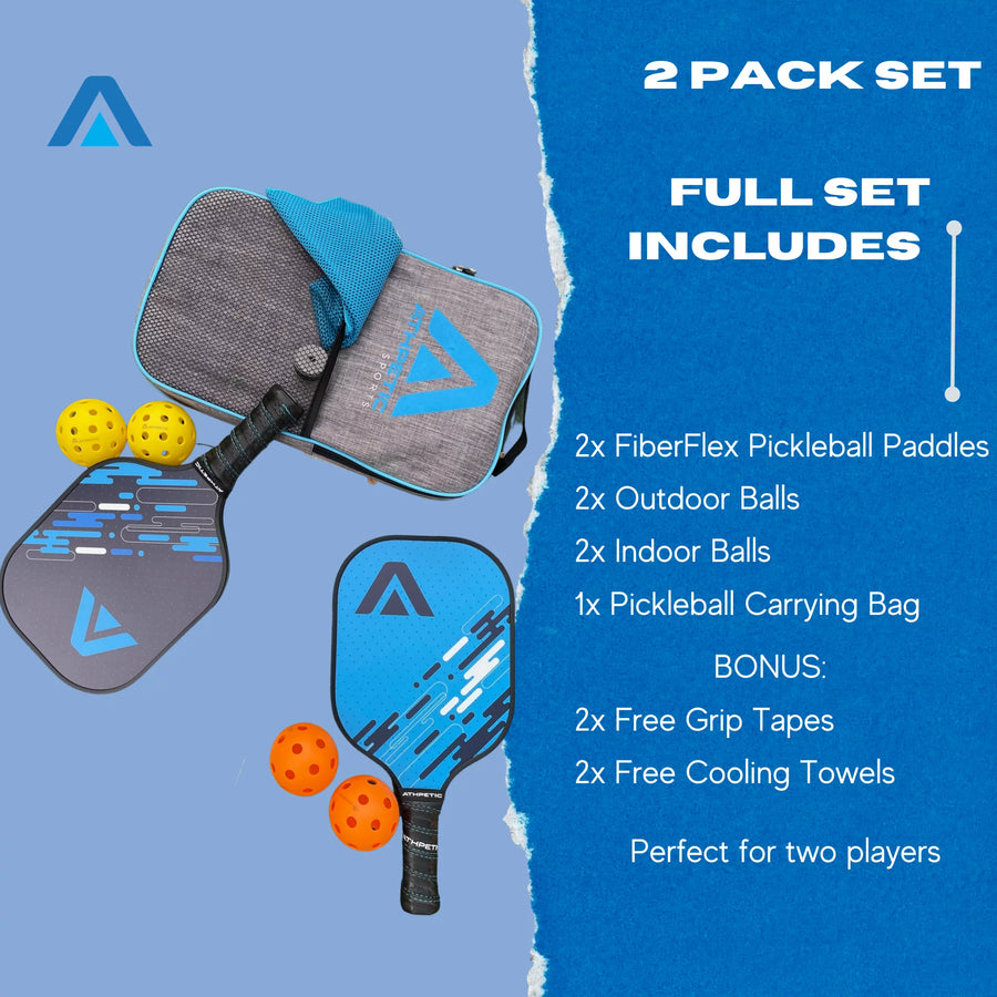 Fiberflex Pickleball Paddle Set, 2 Paddles, 4 Balls, 2 Overgrip Tapes, 2 Cooling Towels and Pickleball Bag