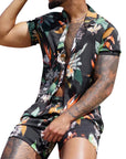 Men's Casual Sport Sets Regular Fit Tropical Print Button down Short Sleeve Cuban Collar Top Blouse and Shorts Fashion Summer Breathable Two Piece Suits Black XXL