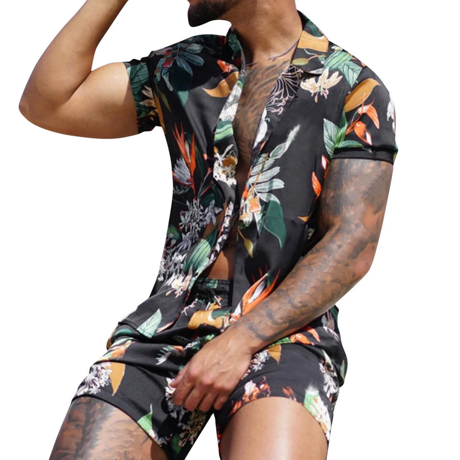 Men's Casual Sport Sets Regular Fit Tropical Print Button down Short Sleeve Cuban Collar Top Blouse and Shorts Fashion Summer Breathable Two Piece Suits Black XXL