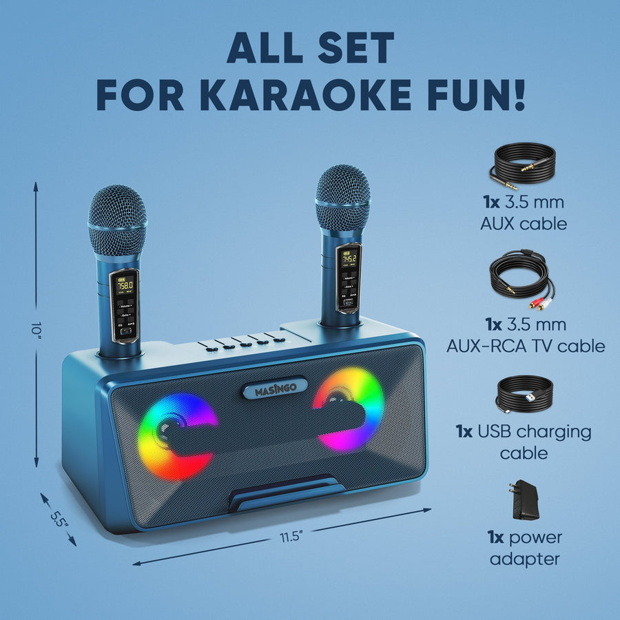 Karaoke Machine for Adults and Kids with 2 Wireless Microphones, Portable Bluetooth Singing Speaker, Colorful LED Lights, PA System, Lyrics Display Holder & TV Cable - Presto G2 (Turquoise)