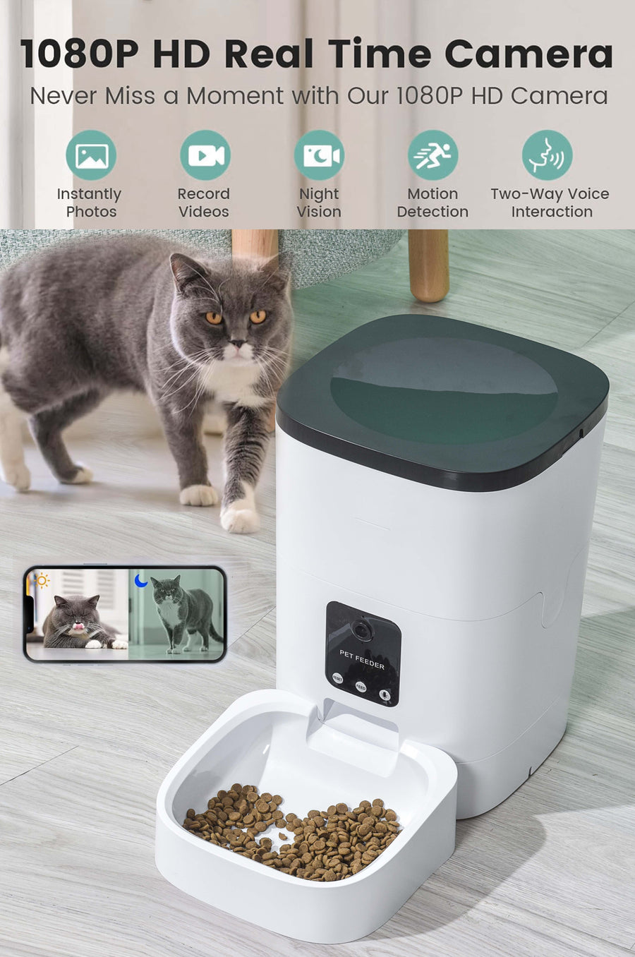 Pet Feeder,6L Automatic Pet Feeder for Cats and Dogs,1080P Camera, Voice with App Control