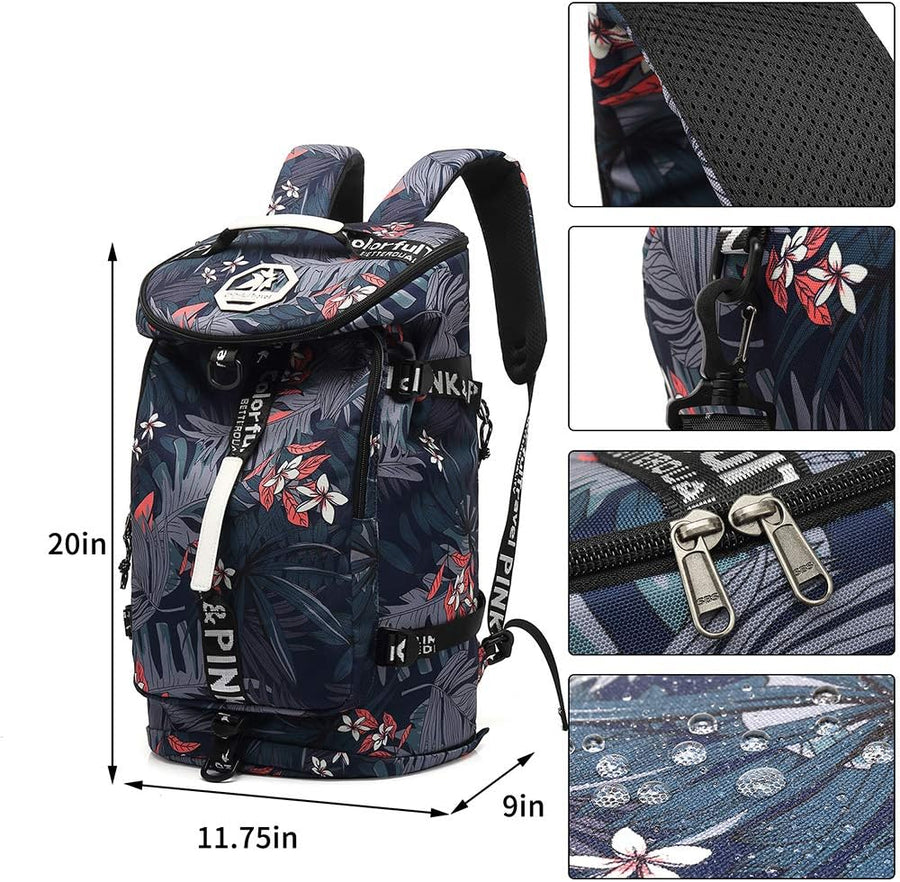 Floral Gym Duffle Bag Backpack 4 Ways for Women Waterproof with Shoes Compartment for Travel Sport Hiking Laptop Lightweight,  XL